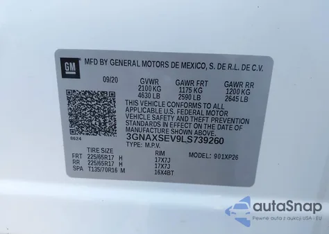 2020 Chevrolet Equinox Awd Ls z USA, uszkodzony, nr VIN 3GNAXSEV9LS739260